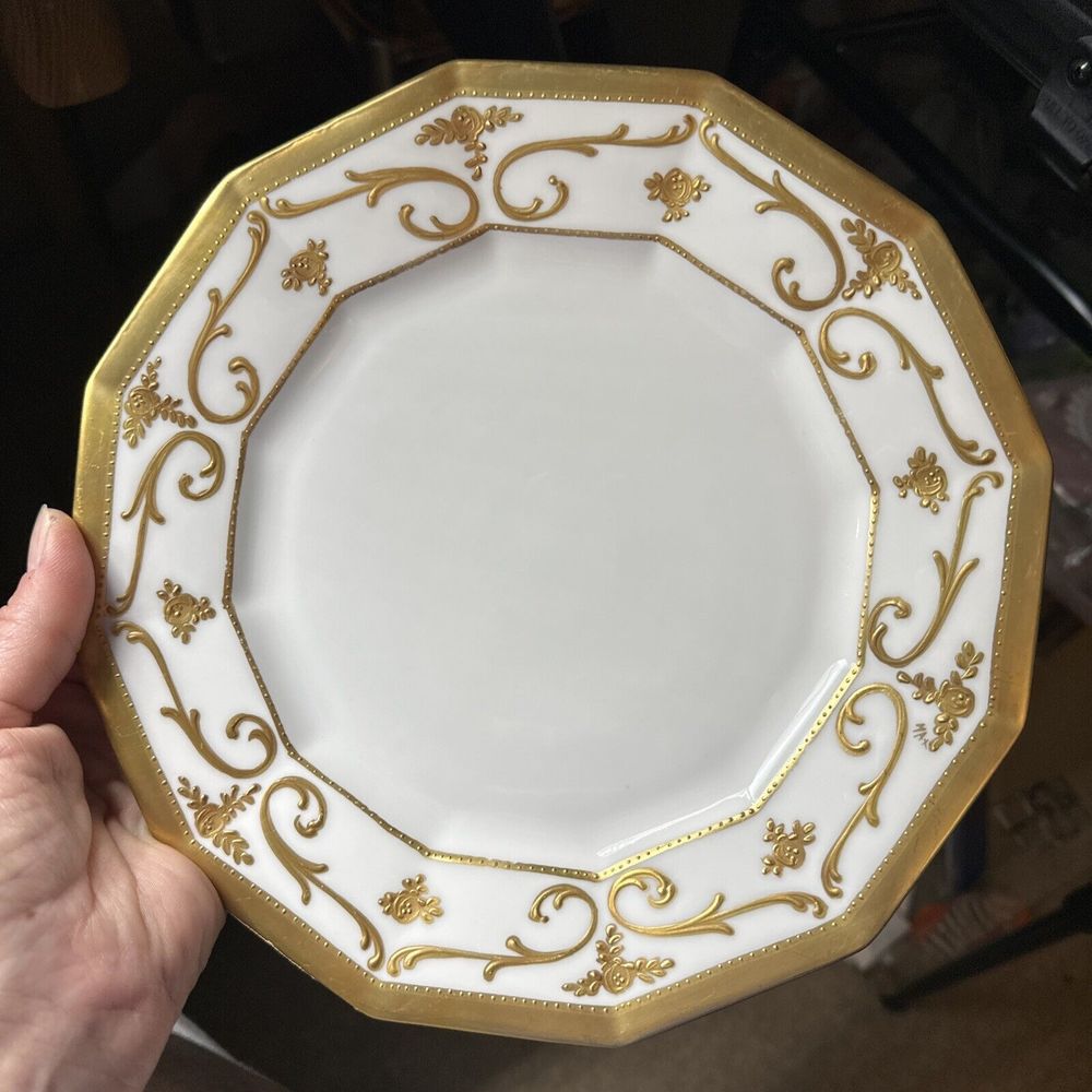 Antique Limoges Plate 9.25” Gold Trim France 12-sided Embossed Scroll - Picture 2 of 14